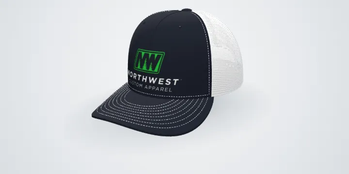 A navy and white Richardson 112 trucker cap with the Northwest Custom Apparel logo embroidered on the front