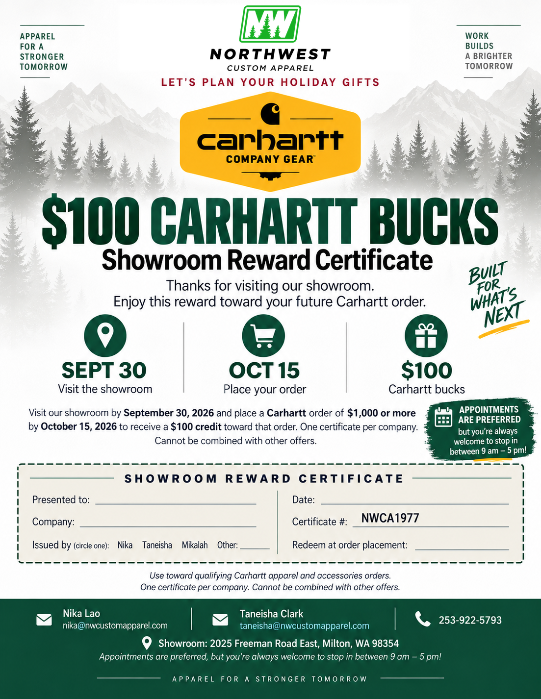 $100 Carhartt Bucks showroom reward certificate. The complete offer terms appear on this page.